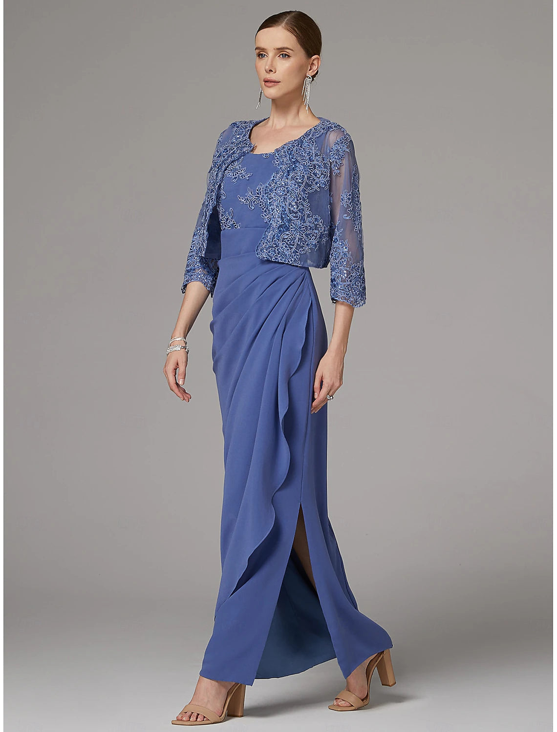 Buyishang Two Piece Sheath Dress Mother of the Bride Dress Elegant Sparkle & Shine Jewel Neck Ankle Length Lace Stretch Fabric 3/4 Length Sleeve with Lace