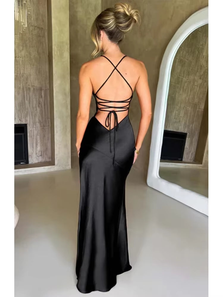 Buyishang Bandage Backless Elegant Dress Split Hem Spaghetti Strap Slim Cocktail Party Club Fashion Satin Solid Lace-Up Long Dresses