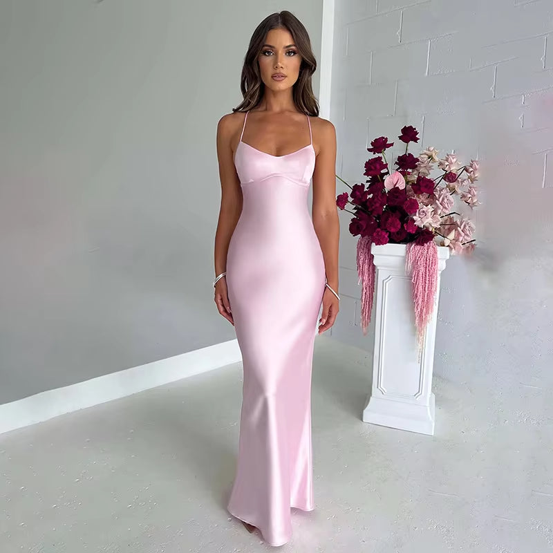 Buyishang Women's Spaghetti Straps Satin Backless Sexy Dress Summer Beauty Elegant Party Evening Dress Tight Long Dress