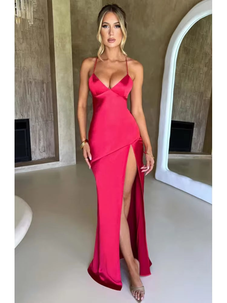 Buyishang Bandage Backless Elegant Dress Split Hem Spaghetti Strap Slim Cocktail Party Club Fashion Satin Solid Lace-Up Long Dresses