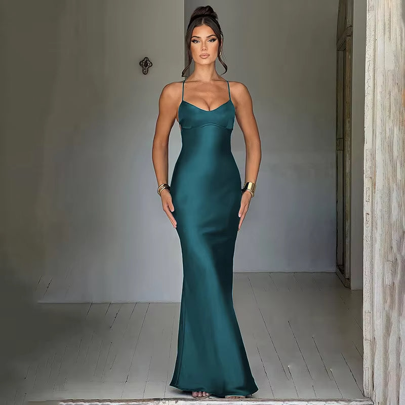 Buyishang Women's Spaghetti Straps Satin Backless Sexy Dress Summer Beauty Elegant Party Evening Dress Tight Long Dress