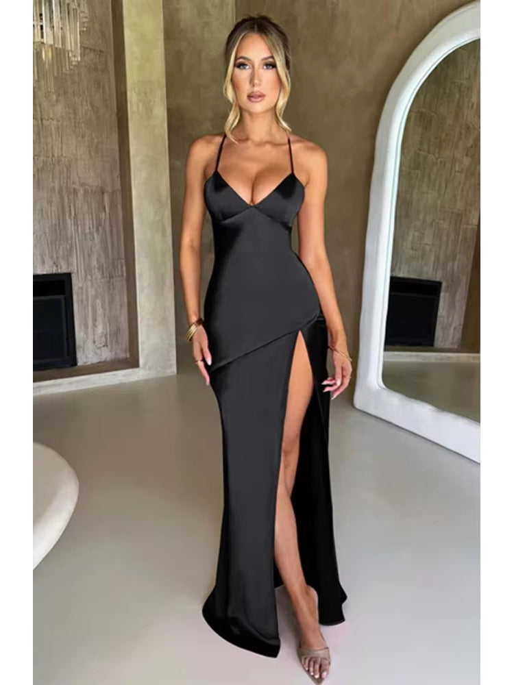 Buyishang Bandage Backless Elegant Dress Split Hem Spaghetti Strap Slim Cocktail Party Club Fashion Satin Solid Lace-Up Long Dresses