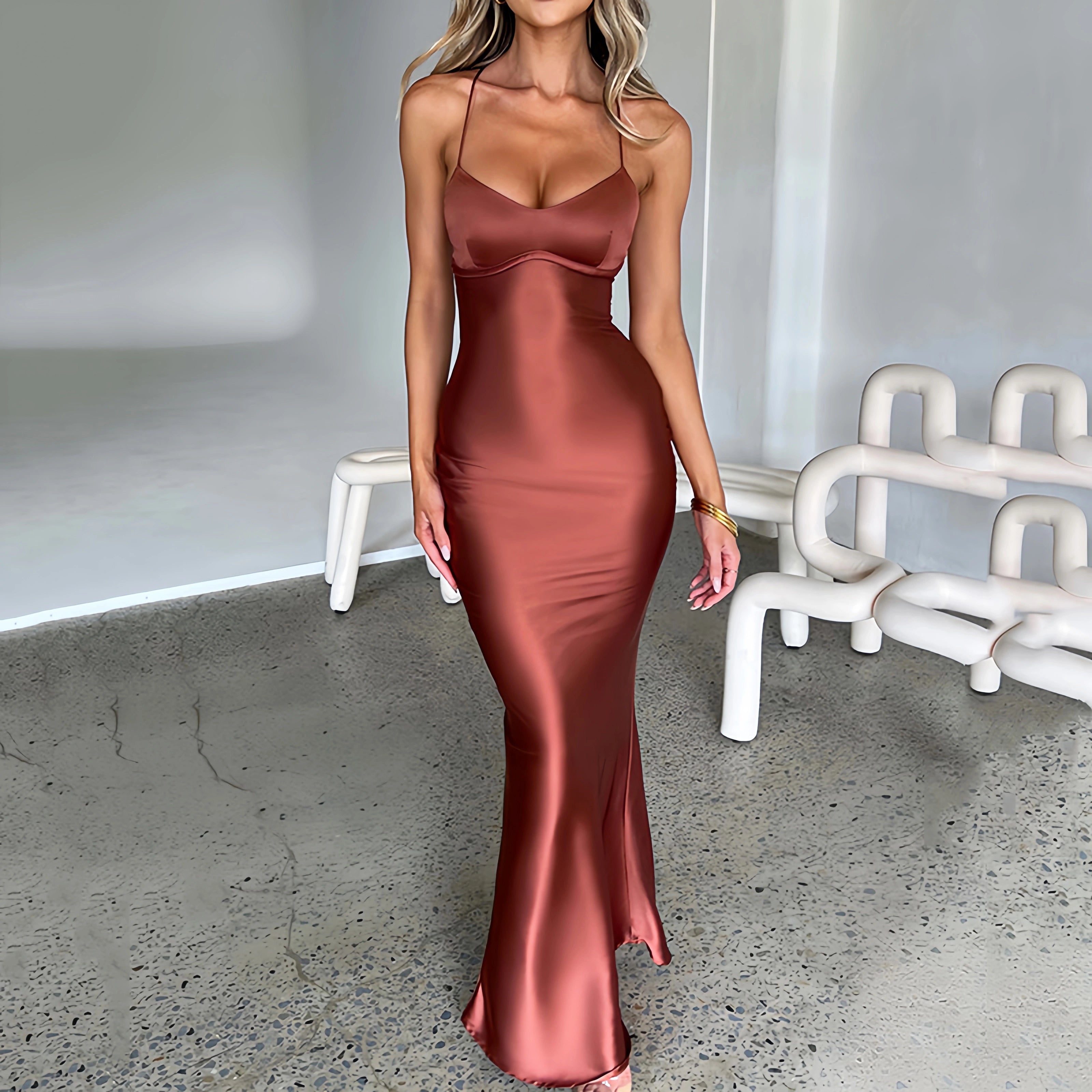 Buyishang Women's Spaghetti Straps Satin Backless Sexy Dress Summer Beauty Elegant Party Evening Dress Tight Long Dress