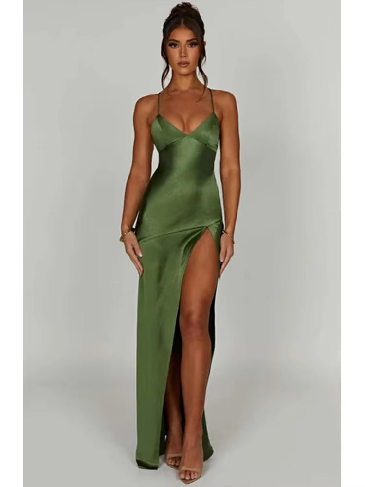 Buyishang Bandage Backless Elegant Dress Split Hem Spaghetti Strap Slim Cocktail Party Club Fashion Satin Solid Lace-Up Long Dresses