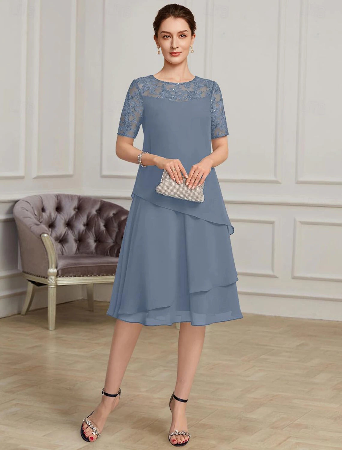 Buyishang A-Line Mother of the Bride Dress Formal Elegant Jewel Neck Tea Length Chiffon Short Sleeve with Lace free custom size