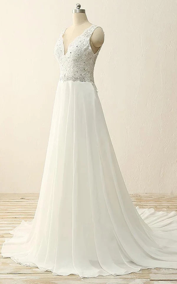 Buyishang Maxi V-Neck Beading Chiffon Lace Satin Dress