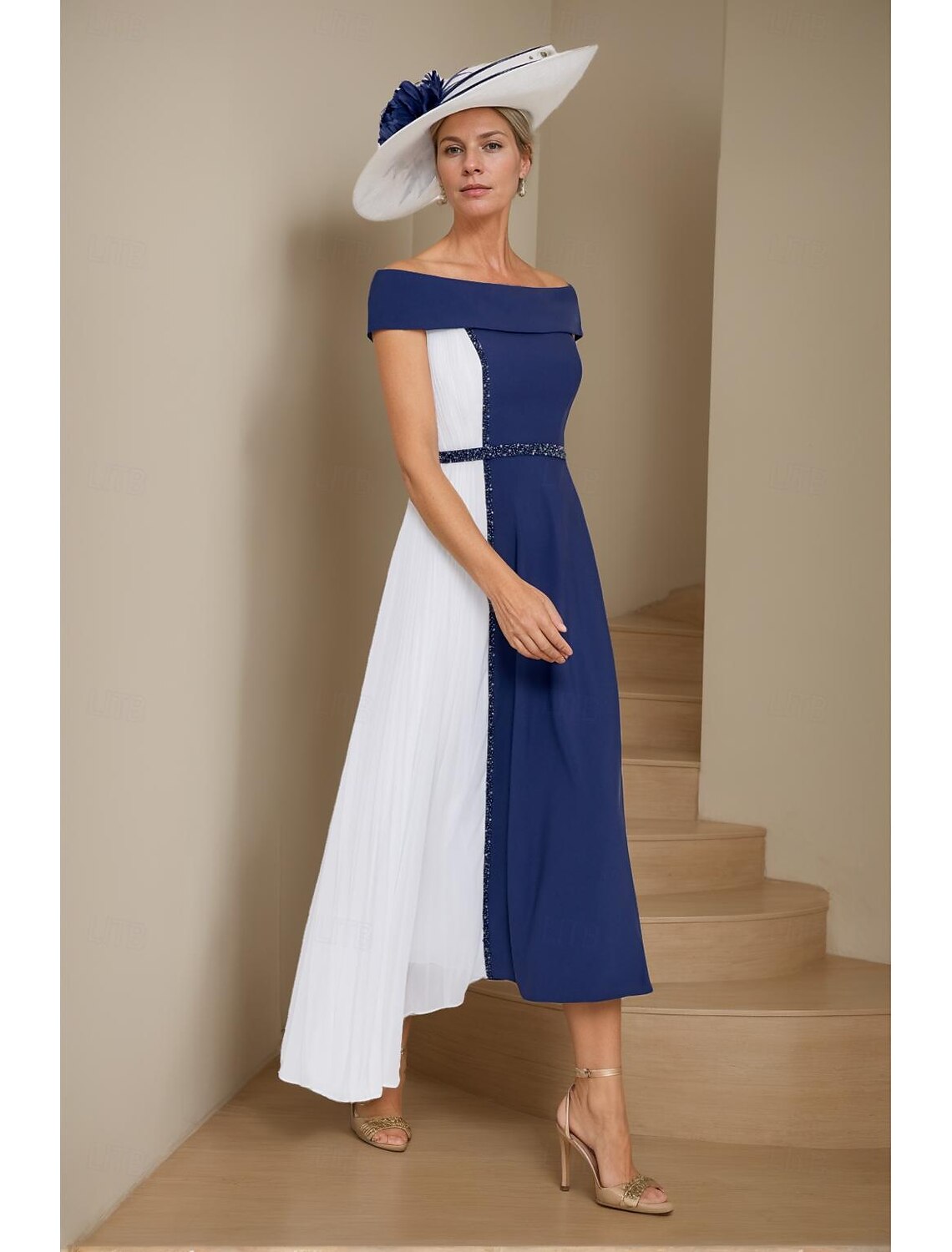 Buyishang A-Line Mother of the Bride Dress Formal Wedding Guest Elegant V Neck Tea Length Chiffon Short Sleeve with Sash / Ribbon Color Block free custom size
