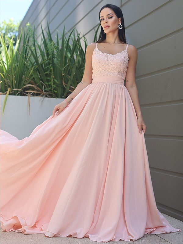A-Line/Princess Chiffon Lace Spaghetti Straps Sleeveless Sweep/Brush Train Bridesmaid Dresses