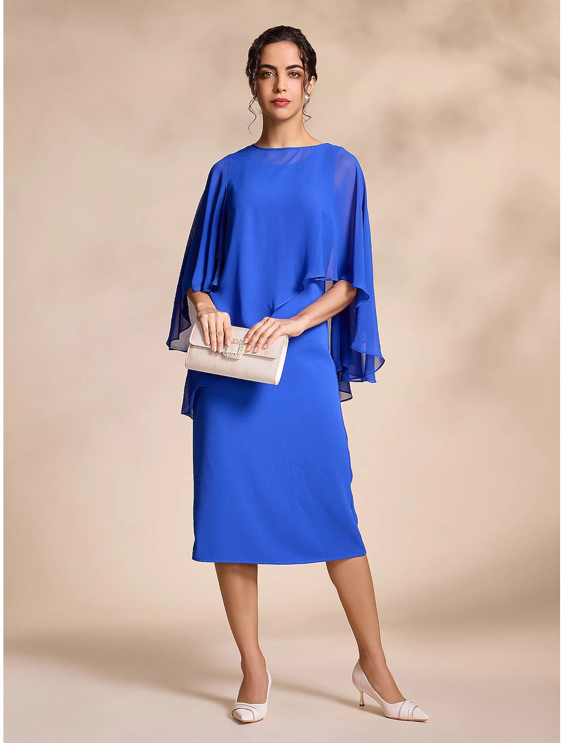 Buyishang Blue Chiffon Causal Round Sleeve 2 Piece Midi Mother of the Bride Dress dress to impress