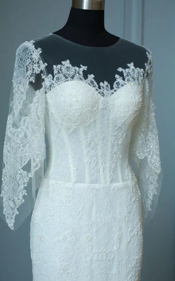 Buyishang Mermaid Sweep-Train Half Sleeve Bell Zipper Keyhole Lace Dress