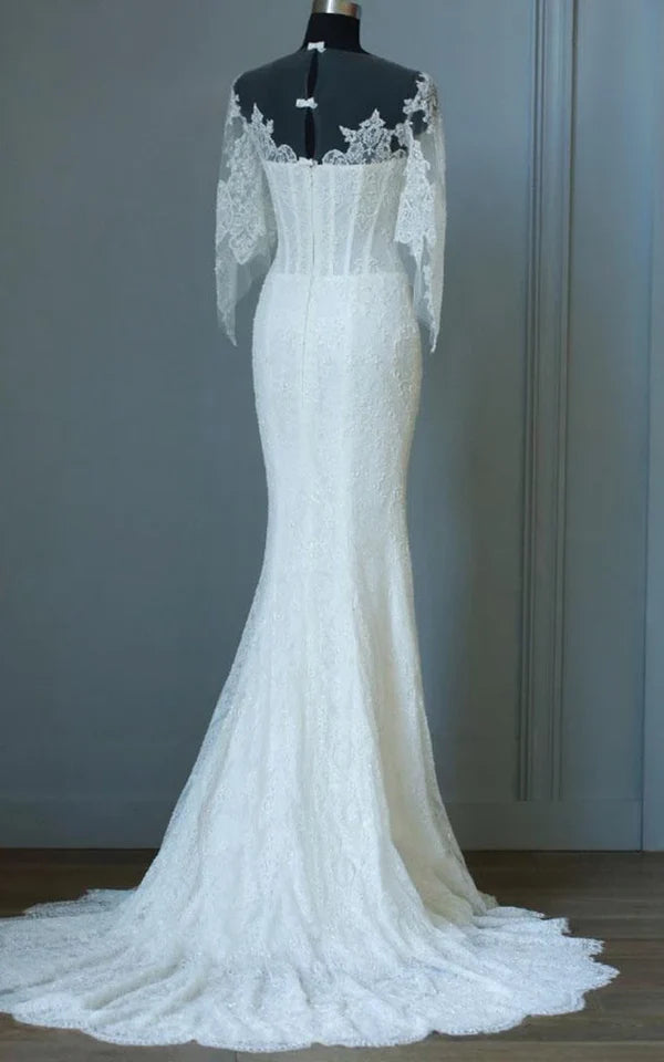 Buyishang Mermaid Sweep-Train Half Sleeve Bell Zipper Keyhole Lace Dress