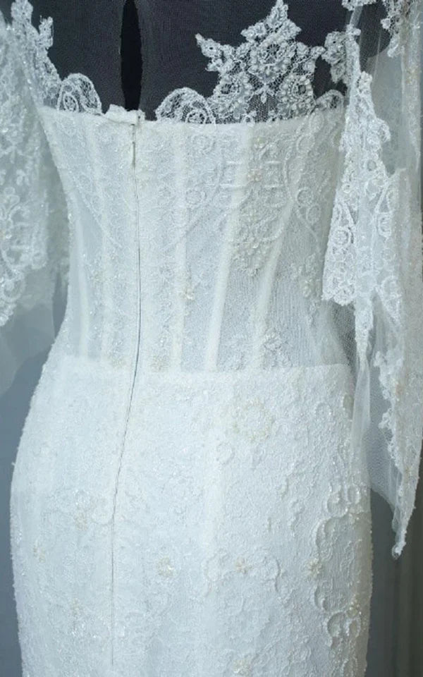 Buyishang Mermaid Sweep-Train Half Sleeve Bell Zipper Keyhole Lace Dress