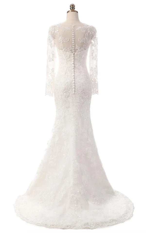 Buyishang Mermaid Long Sleeve Lace Dress With Embroideries Illusion