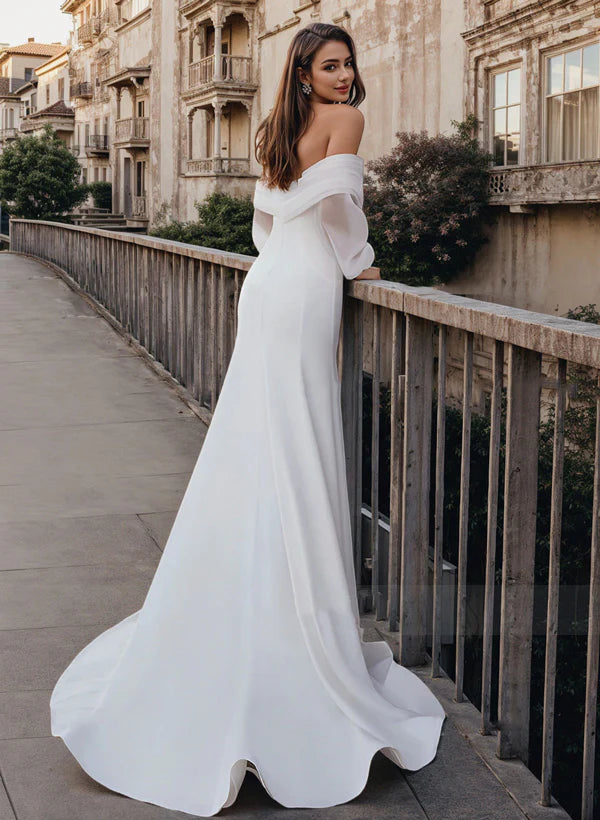 Buyishang Mermaid Long Sleeves Wedding Dresses With Off-The-Shoulder  Satin Simple