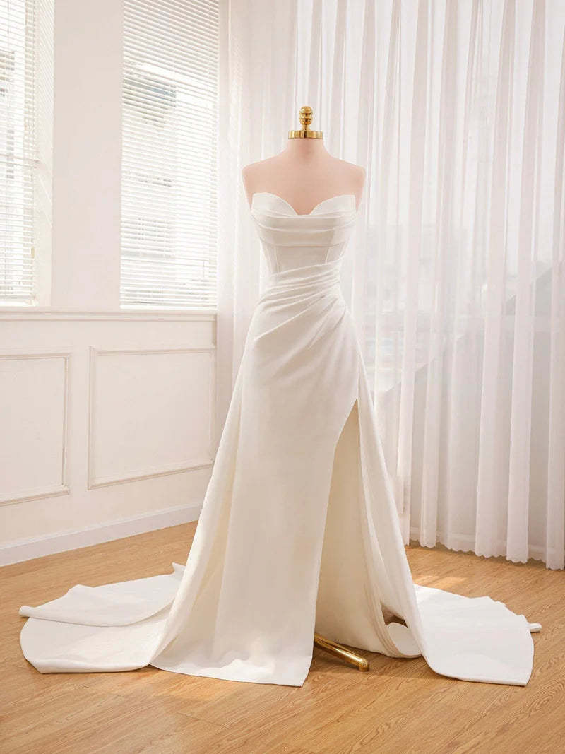 Buyishang Mermaid Strapless Satin Wedding Dress With Convenient Detachable Skirt
