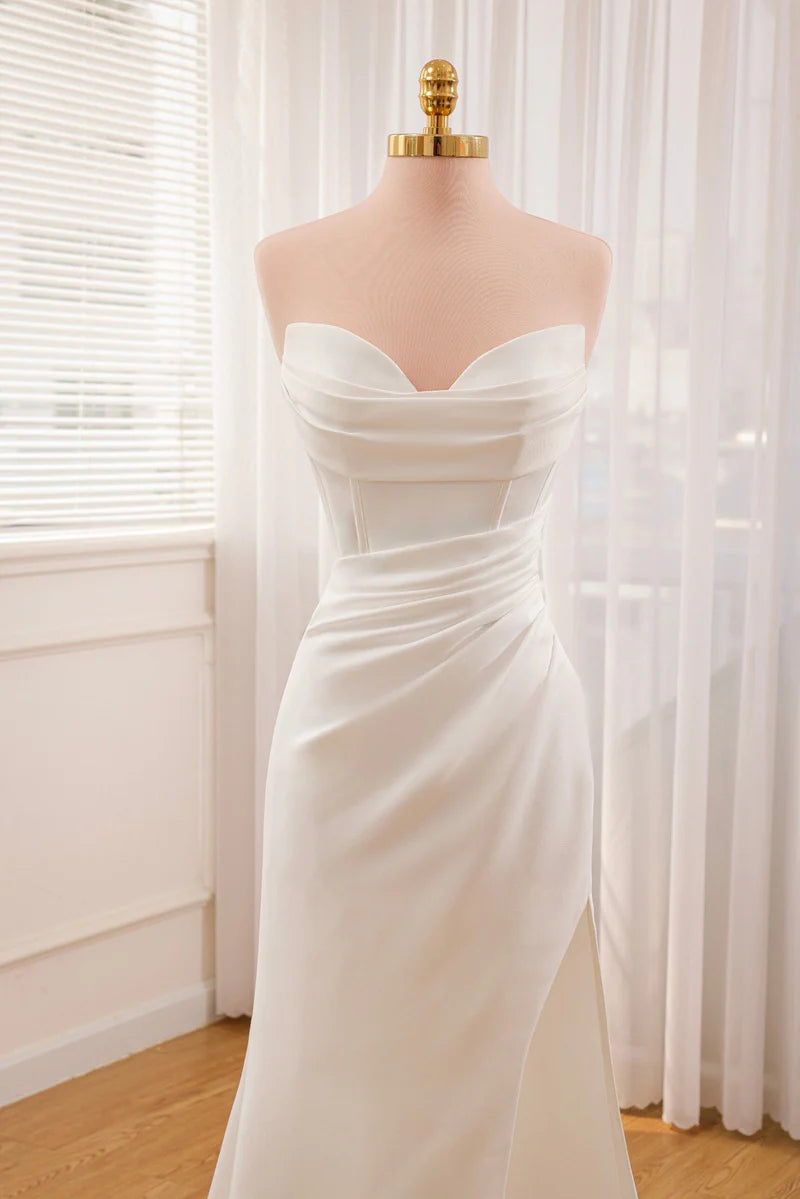 Buyishang Mermaid Strapless Satin Wedding Dress With Convenient Detachable Skirt