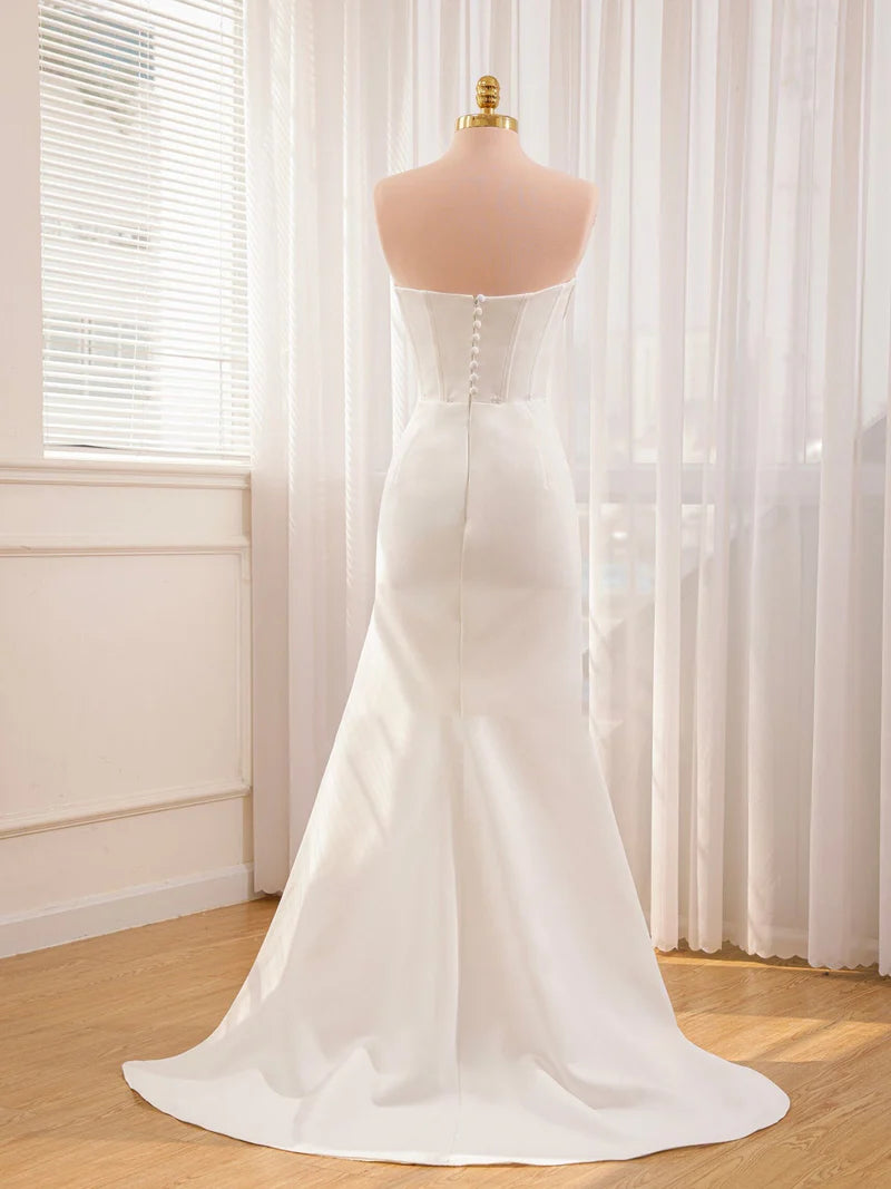 Buyishang Mermaid Strapless Satin Wedding Dress With Convenient Detachable Skirt