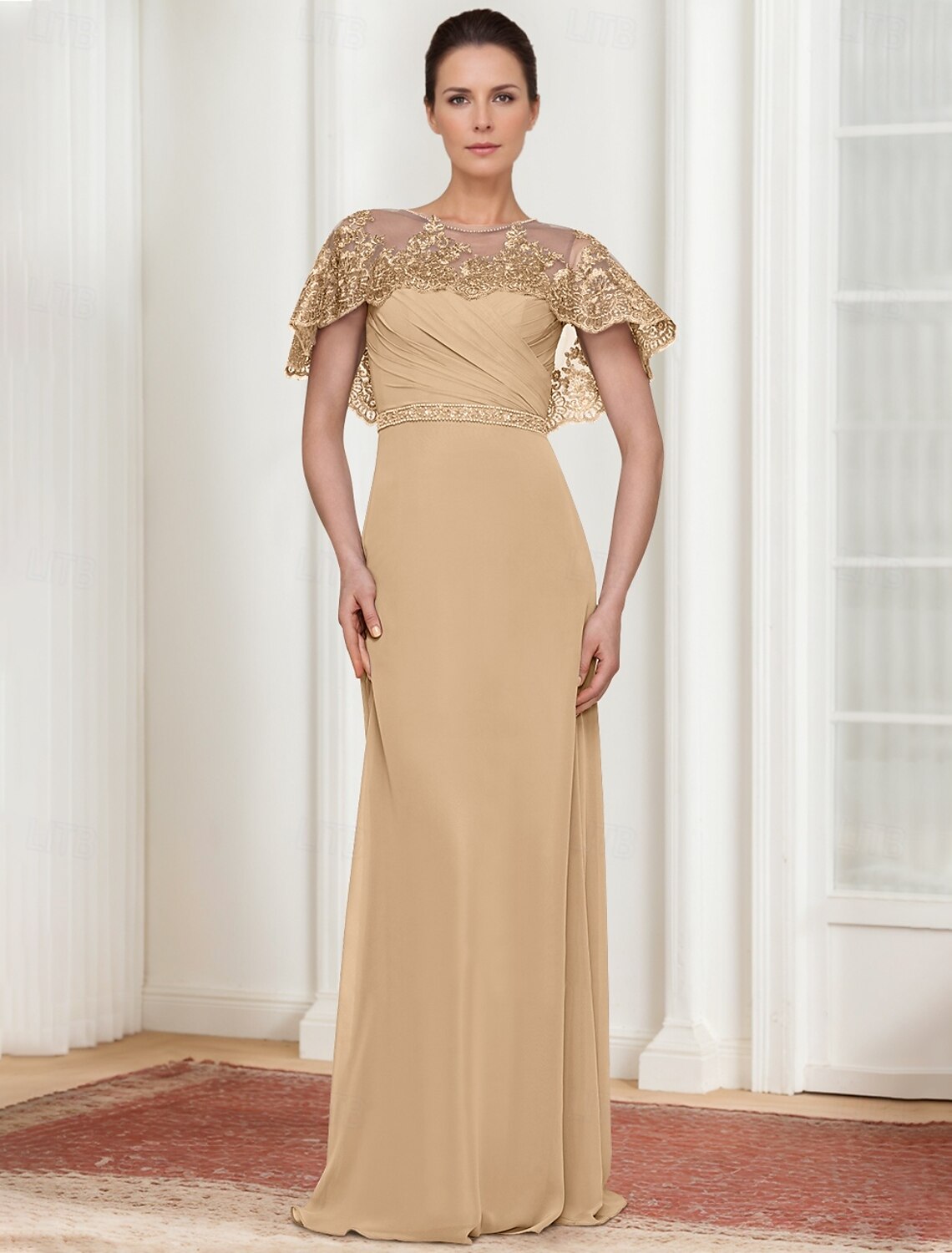 Buyishang A-Line Dress Mother of the Bride Dress Elegant Simple Jewel Neck Floor Length Chiffon Short Sleeve with Lace Tier Solid Color