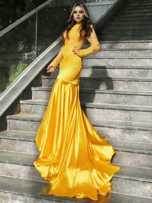 Trumpet/Mermaid High Neck Long Sleeves Sweep/Brush Train Applique Woven Satin Dresses