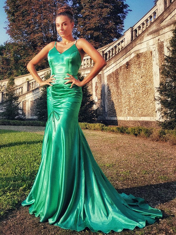 Trumpet/Mermaid Satin Ruffles Spaghetti Straps Sleeveless Sweep/Brush Train Dresses