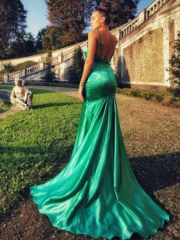 Trumpet/Mermaid Satin Ruffles Spaghetti Straps Sleeveless Sweep/Brush Train Dresses