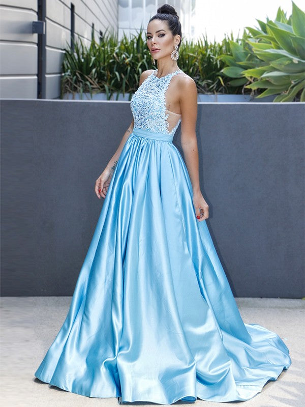 A-Line/Princess Satin Halter Sleeveless Applique Sweep/Brush Train Dresses