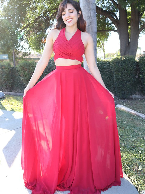 A-Line/Princess Halter Chiffon Ruched Sleeveless Floor-Length Two Piece Dresses