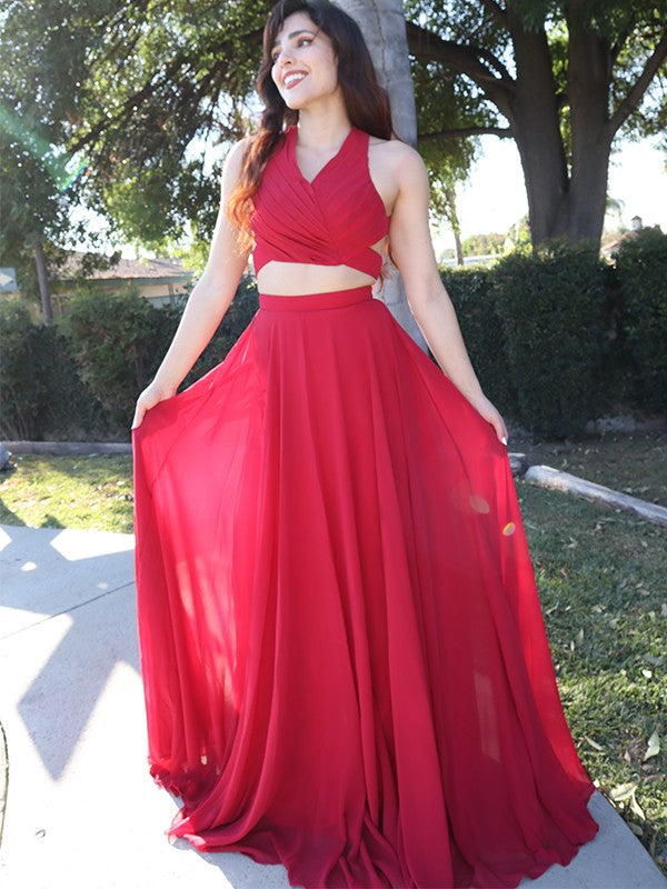 A-Line/Princess Halter Chiffon Ruched Sleeveless Floor-Length Two Piece Dresses