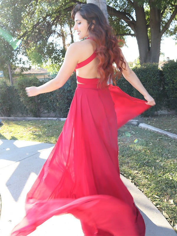 A-Line/Princess Halter Chiffon Ruched Sleeveless Floor-Length Two Piece Dresses