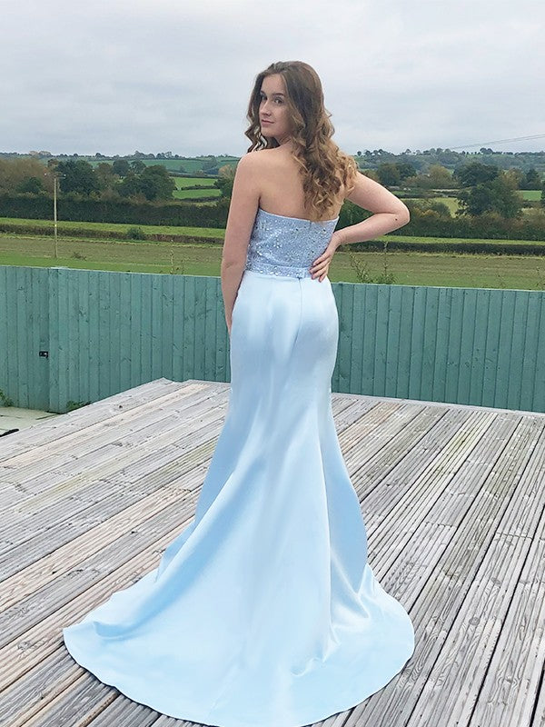 Trumpet/Mermaid Satin Beading Sweetheart Sleeveless Sweep/Brush Train Dresses