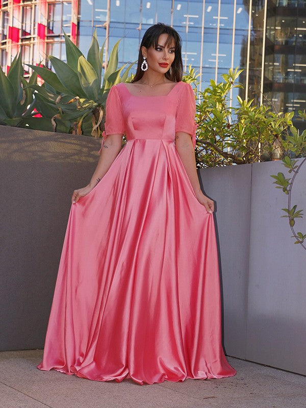 A-Line/Princess Square 1/2 Sleeves  Woven Satin Ruffles Floor-Length Dresses