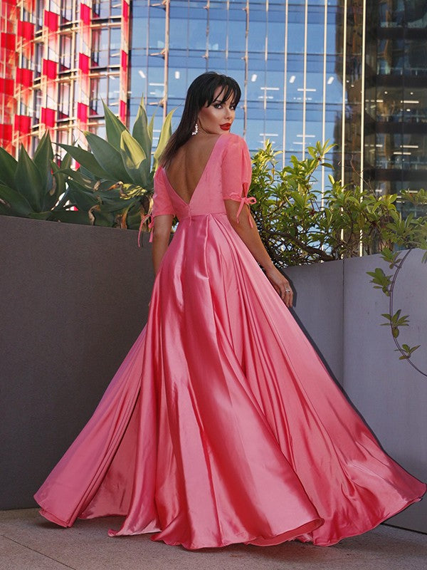 A-Line/Princess Square 1/2 Sleeves  Woven Satin Ruffles Floor-Length Dresses