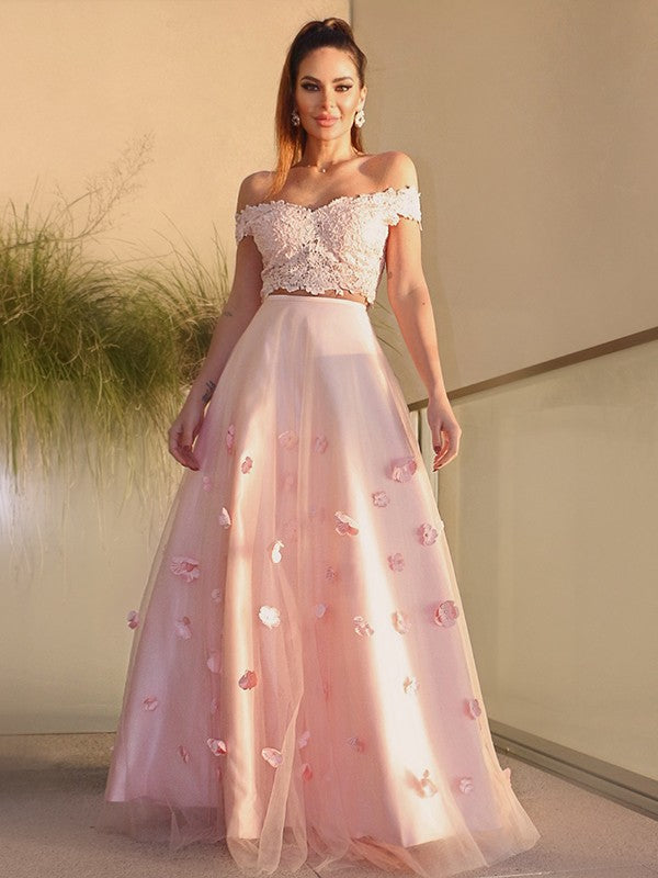 A-Line/Princess Tulle Hand-Made Flower Off-the-Shoulder Sleeveless Floor-Length Two Piece Dresses