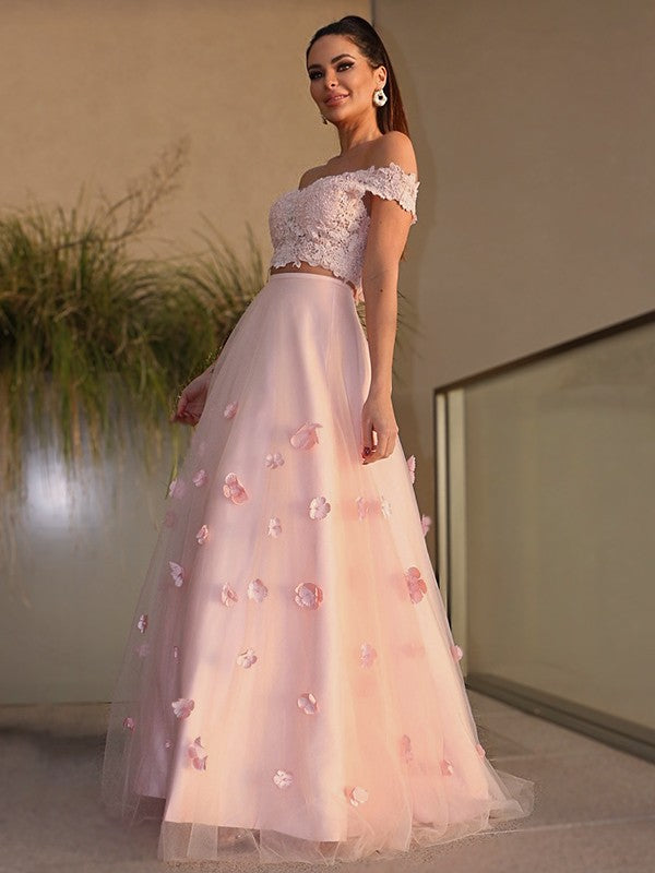 A-Line/Princess Tulle Hand-Made Flower Off-the-Shoulder Sleeveless Floor-Length Two Piece Dresses