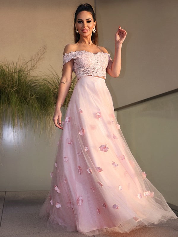 A-Line/Princess Tulle Hand-Made Flower Off-the-Shoulder Sleeveless Floor-Length Two Piece Dresses