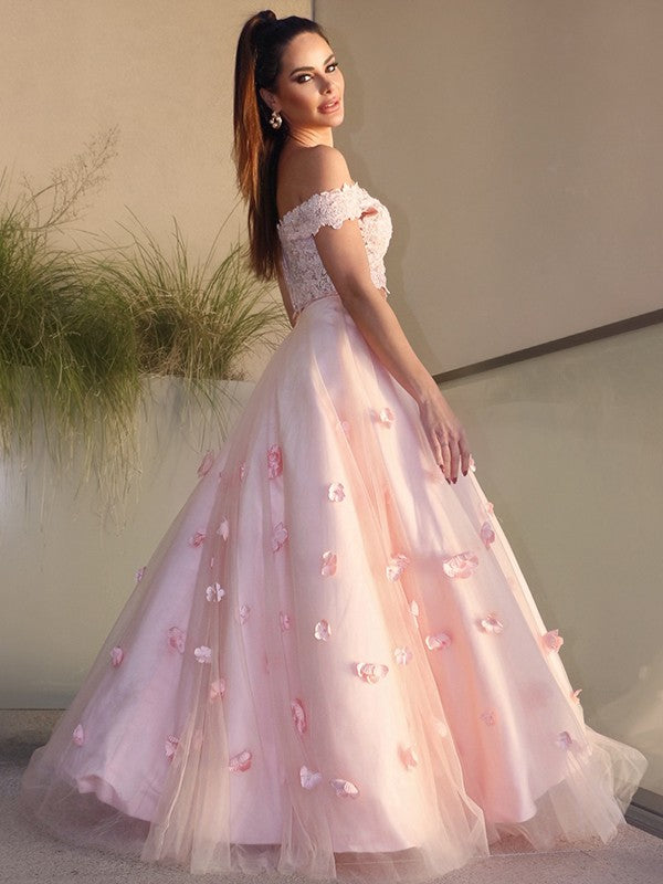 A-Line/Princess Tulle Hand-Made Flower Off-the-Shoulder Sleeveless Floor-Length Two Piece Dresses