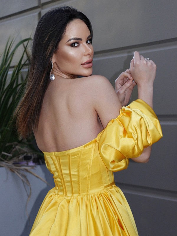 A-Line/Princess Satin Ruffles Off-the-Shoulder Short Sleeves Sweep/Brush Train Dresses