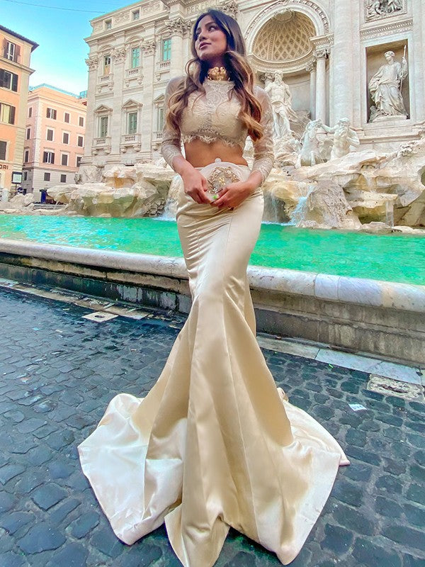 Sheath/Column Satin Lace High Neck Long Sleeves Sweep/Brush Train Two Piece Dresses
