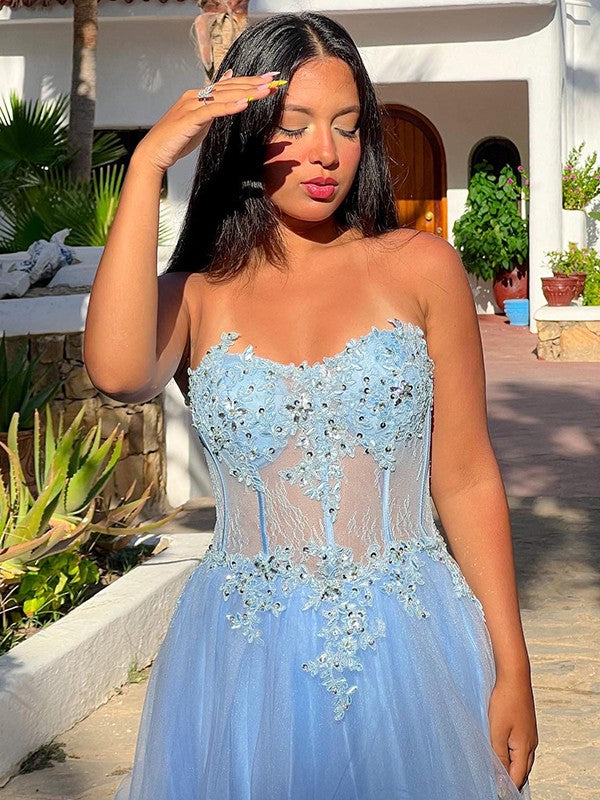 A-Line/Princess Tulle Applique Sweetheart Sleeveless Sweep/Brush Train Dresses