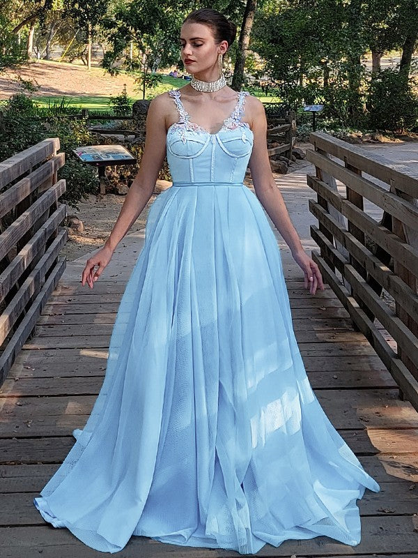 A-Line/Princess Applique Straps Sleeveless Court Train Dresses
