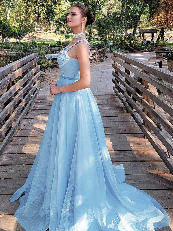 A-Line/Princess Applique Straps Sleeveless Court Train Dresses