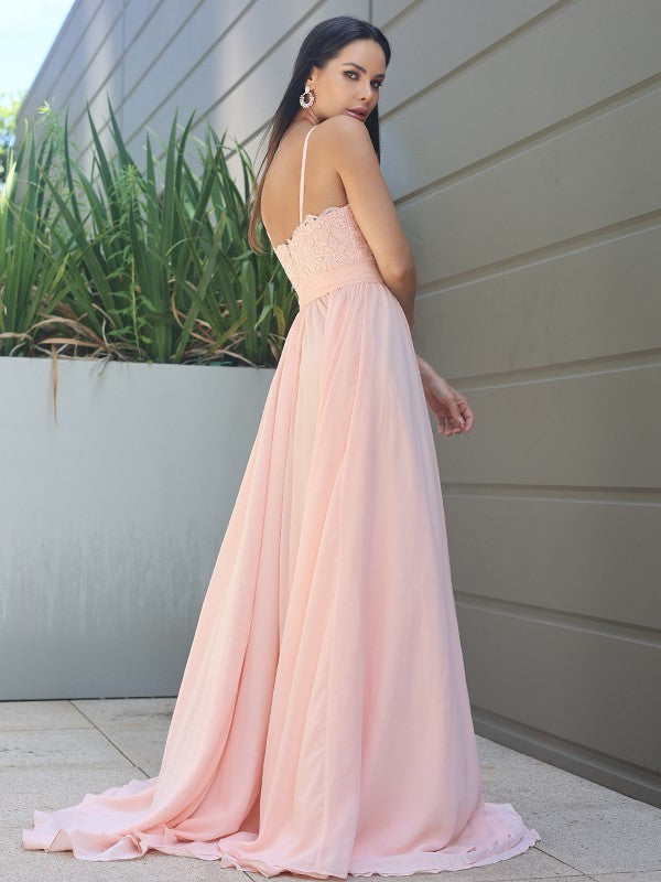 A-Line/Princess Chiffon Lace Spaghetti Straps Sleeveless Sweep/Brush Train Bridesmaid Dresses