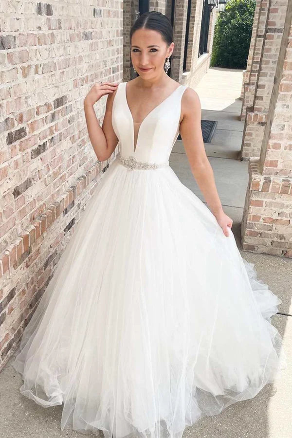 Buyishang White V-Neck A-Line Long Wedding Dress with Sashes