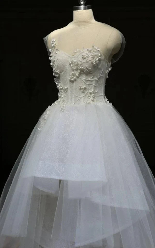 Buyishang Mini High Neck Sleeveless Bell Beading Zipper Keyhole Tulle Lace Dress