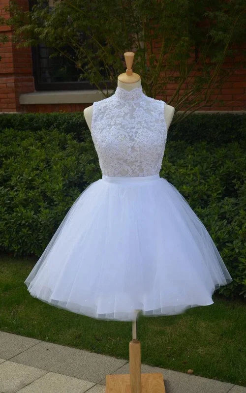 Buyishang Mini Knee-Length Tulle Lace Dress With Beading Keyhole Back
