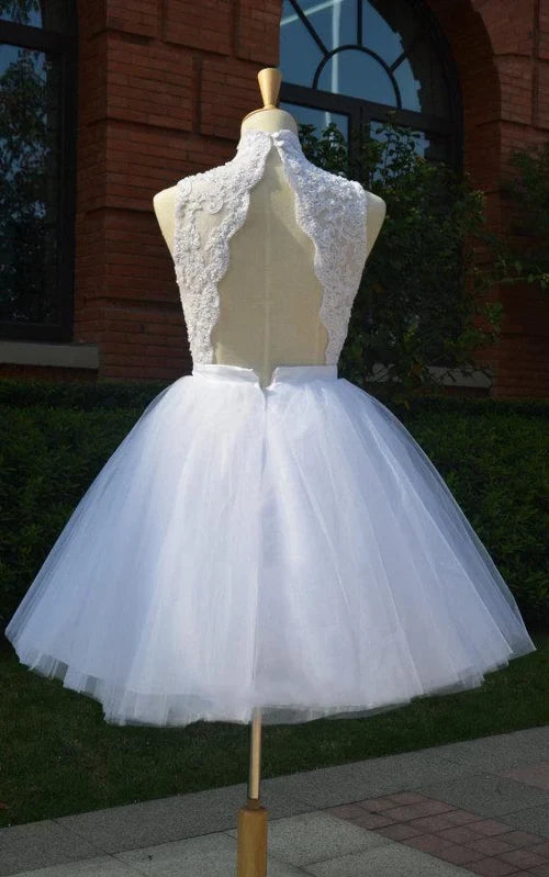 Buyishang Mini Knee-Length Tulle Lace Dress With Beading Keyhole Back