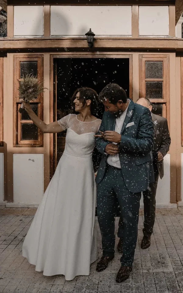 Buyishang Minimalist Casual Short Sleeves A-Line Boho Lace Wedding Dress Simple Modest Deep-V Back Bridal Gown