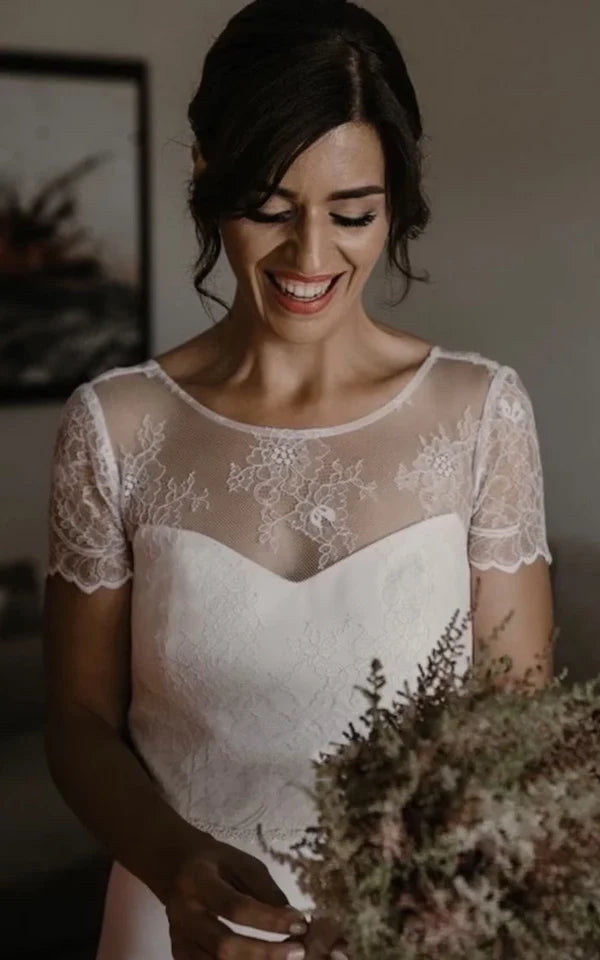 Buyishang Minimalist Casual Short Sleeves A-Line Boho Lace Wedding Dress Simple Modest Deep-V Back Bridal Gown