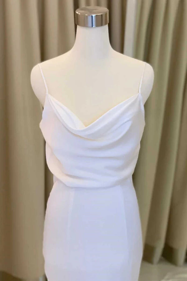 Buyishang Mermaid Cowl Neck White Satin Long Wedding Dress