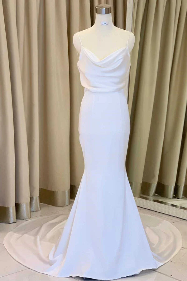 Buyishang Mermaid Cowl Neck White Satin Long Wedding Dress